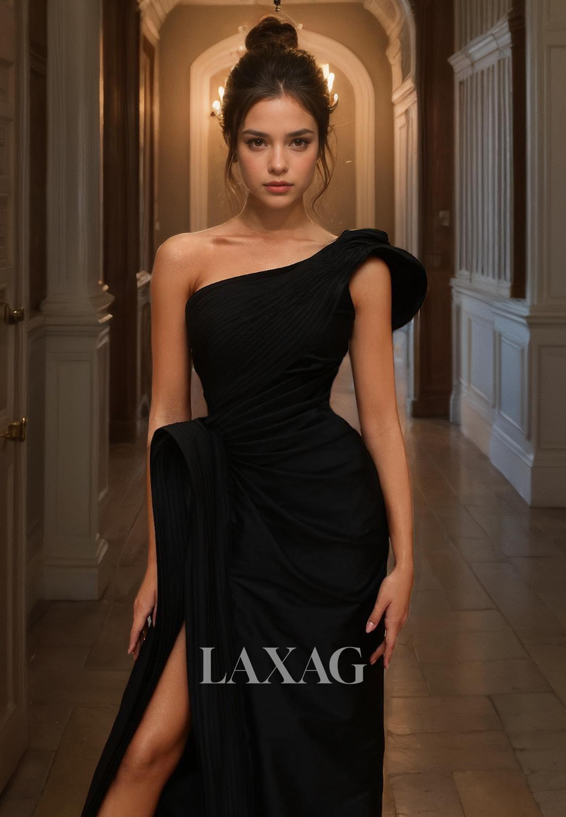 Sleeveless Asymmetrical-Neck Fitted Evening Gowns One-Strap Pleated Satin Floor-Length Prom Dress