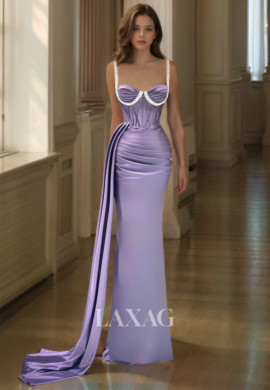 Pleated Floor-Length Sweep Train Dinner Dress Beaded Spaghetti Straps Sleeveless Mermaid Prom Dress