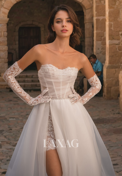 Fairytale A-Line Chathedral Train Strapless Sweetheart Appique&Organza Boho Beach Wedding Dress