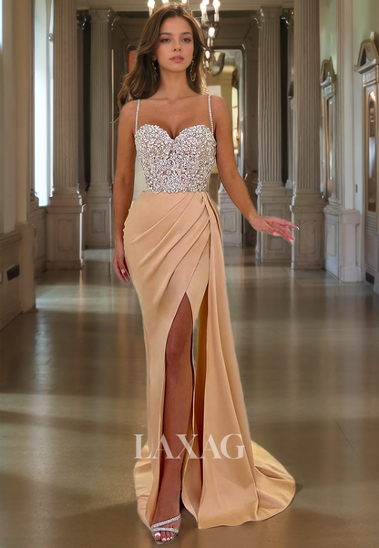 Sweetheart Beads Mermaid Cocktail Dress With Slit Luxurious Sweep Train Prom Dress