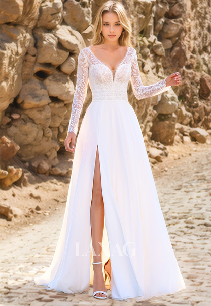 Boho V-Neck Sweep Train  A-Line Applique Satin Beach Long Sleeves Wedding Dress