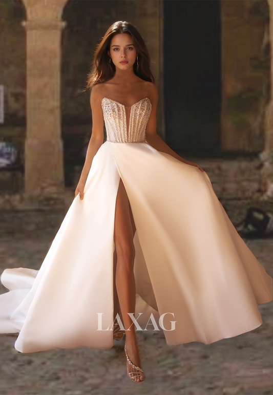 Sweetheart Off-Shoulder Satin Wedding Dress with Train Sleeveless Beaded Slit Bridal Gowns