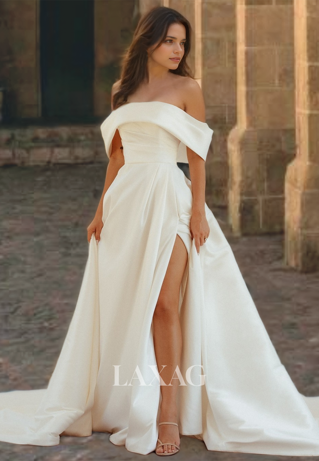 Off-Shoulder High Slit Sleeveless Satin Wedding Dress Sleeveless A-Line Bride Gowns with Train