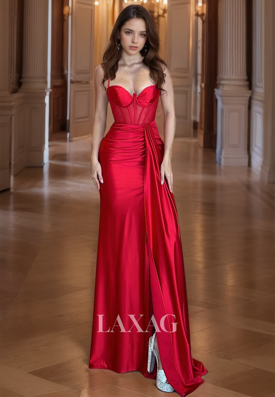 Spaghetti Straps Sweetheart Sheath&Column High Slit Pleated Satin Evening Prom Dress