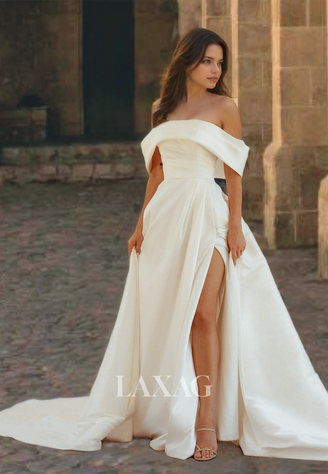 Off Shoulder High Slit Sleeveless A-Line Satin Wedding Dress