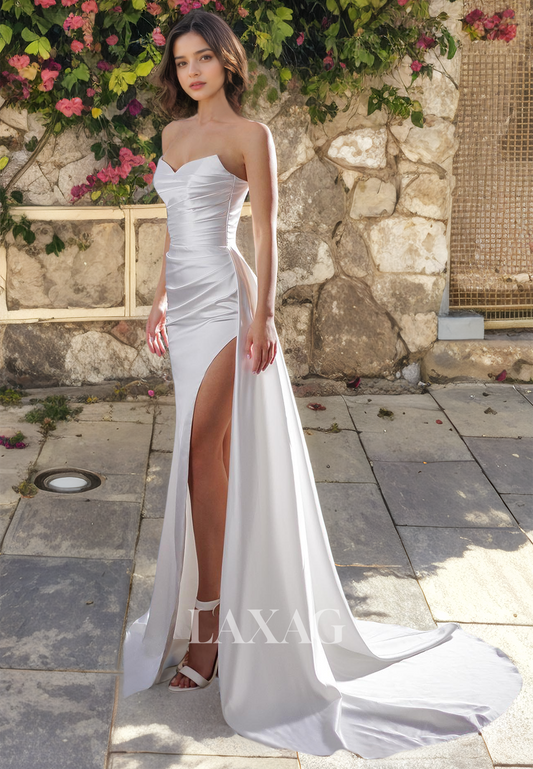 Sweetheart High Slit Sleeveless Pleated Satin A-Line Strapless Wedding Dress