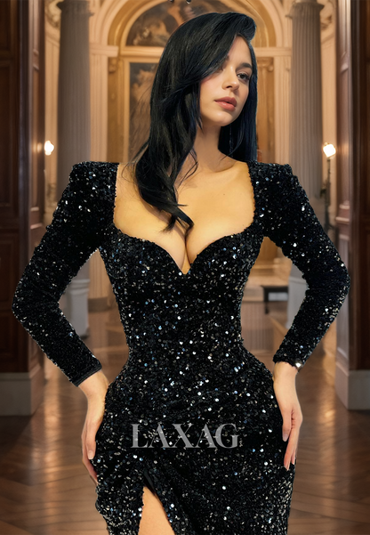 Sheath&Column Long Sleeves Evening Dress with High Slit Sparkly Sequined Long Formal Gown