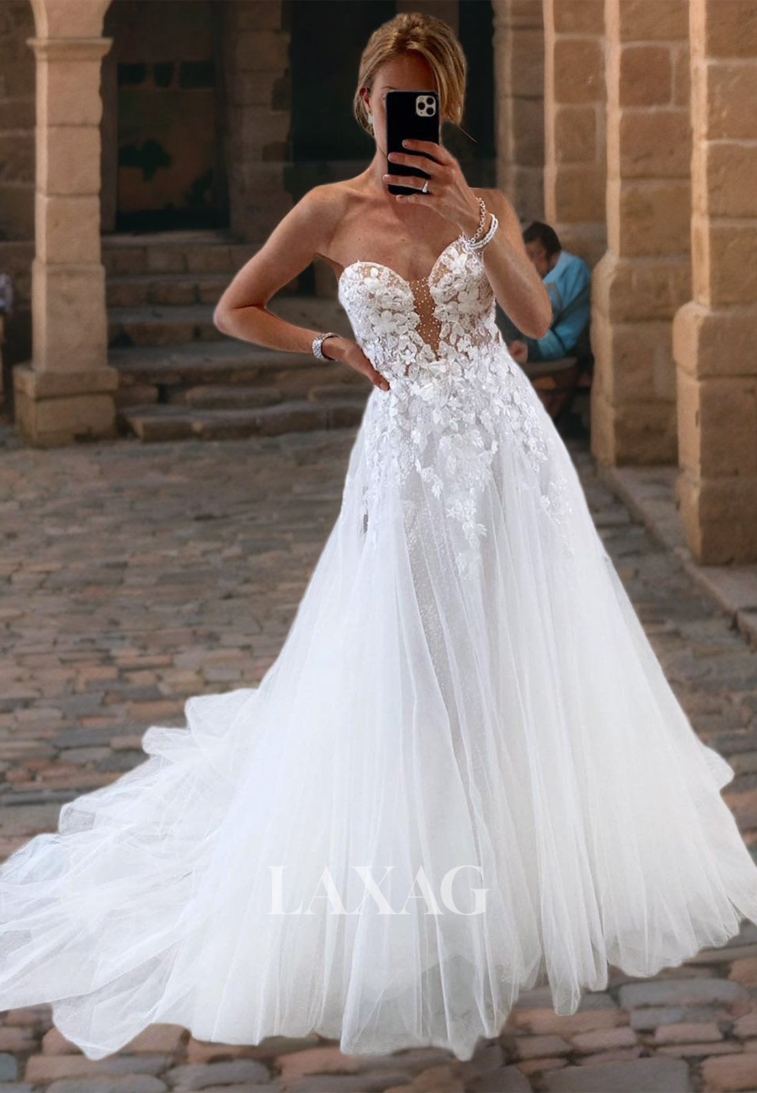 Sleeveless Sweetheart Chapel Train A-Line Applique Tulle Strapless Bea Laxag Sleeveless Sweetheart Chapel Train A-Line Applique Tulle Strapless Bea Laxag