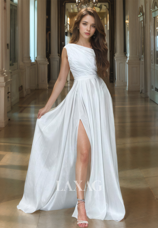 Asymmetrical-Neck Sleeveless Pleated A-Line Prom Dress Floor-Length Slit Chiffon Formal Party Dress