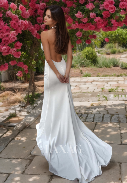 Simple Halter-Neck Sleeveless Off-Shoulder Satin Mermaid Wedding Dress with Sweep Train