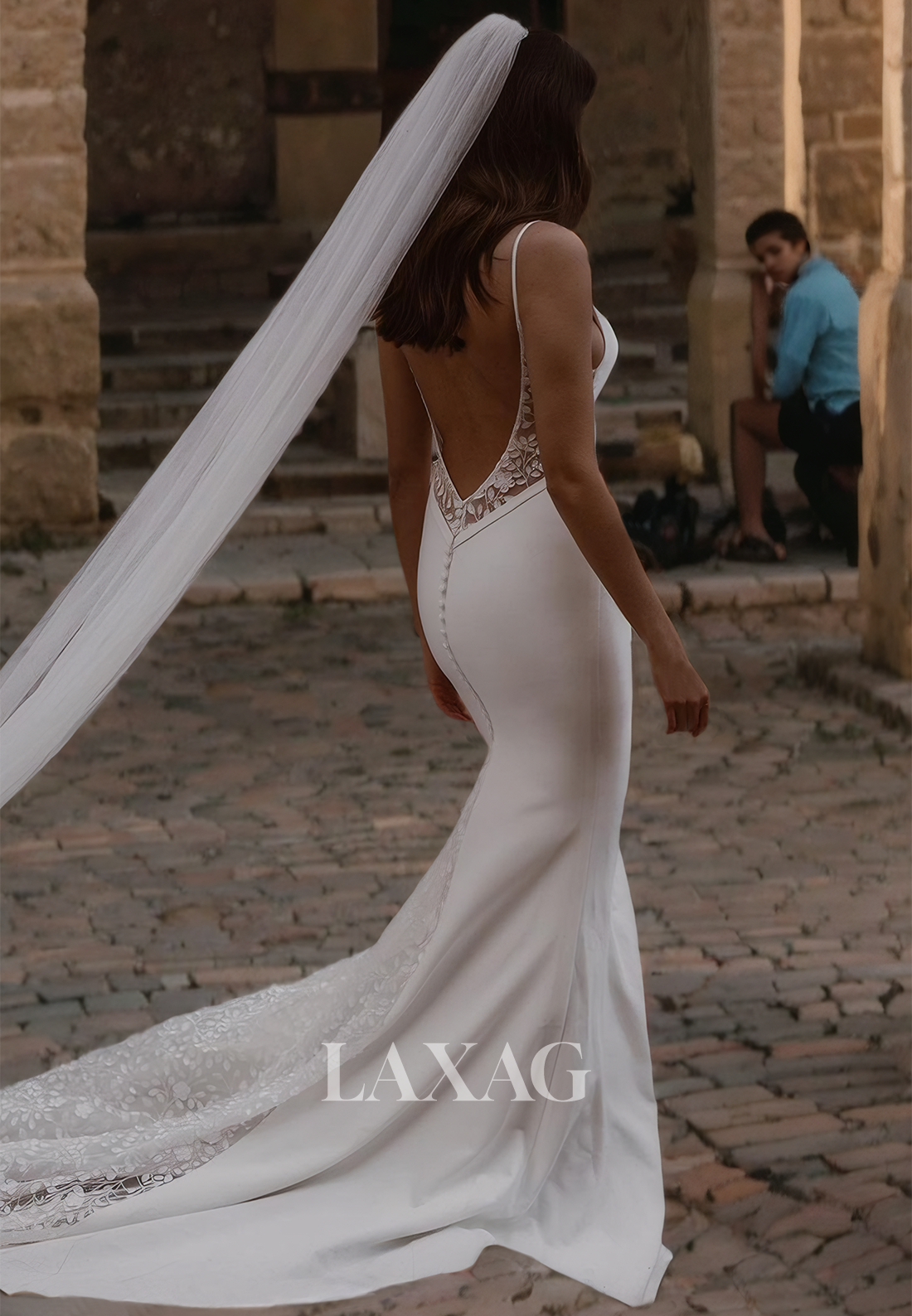 V-Neck Sleeveless Straps Boho Wedding Dress with Lace Train Off-Shoulder Mermaid Bridal Dress