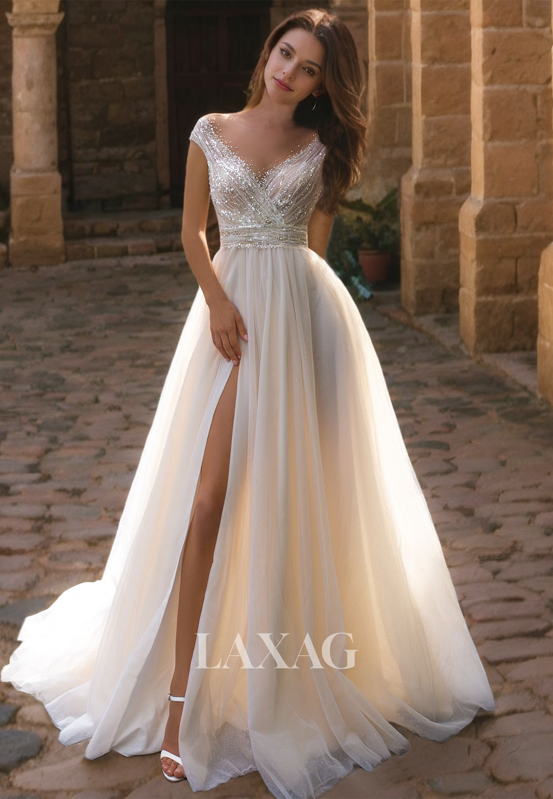 Fairytale V-Neck Sleeveless High Slit Tulle Sequin A-Line Wedding Dres Laxag Fairytale V-Neck Sleeveless High Slit Tulle Sequin A-Line Wedding Dres Laxag