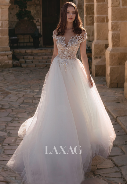 A-Line V-Neck Sleeveless Beaded and Appliques Lace Wedding Dress with Sweep Train Bridal Dress