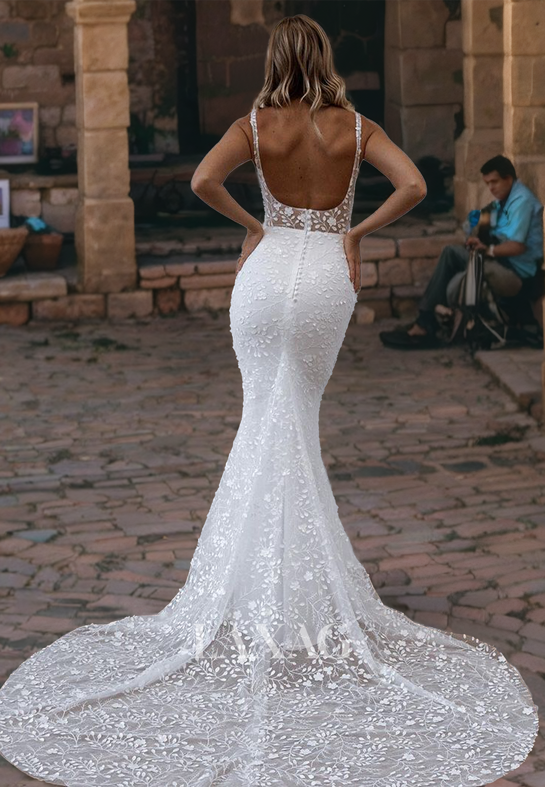 Tube Top Spaghetti Straps Lace Mermaid Wedding Dress Sleeveless Sweep Train Bridal Dress with Appliques