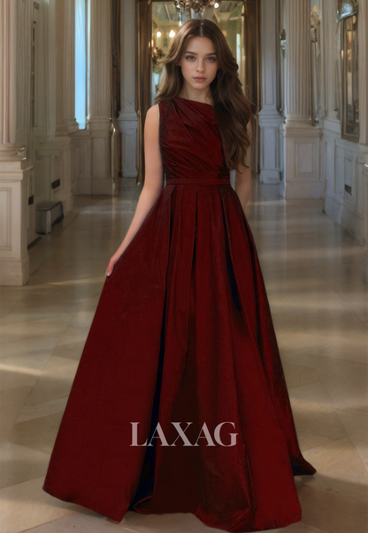 Asymmetrical-Neck Sleeveless Pleated A-Line Prom Dress Floor-Length Slit Chiffon Formal Party Dress