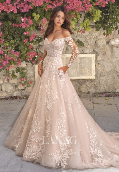 Sweetheart Long Sleeves Wedding Dress with Lace Appliques Sweep Train A-Line Bridal Gowns