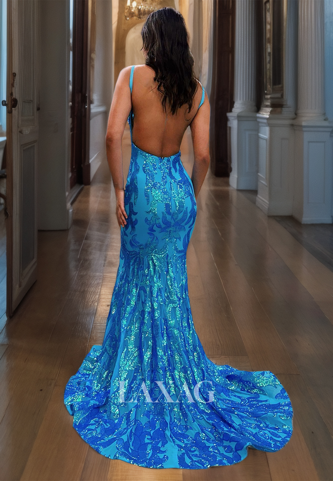 Sweetheart Backless Formal Party Dress Mermaid Spaghetti Straps Shinny Prom Dress