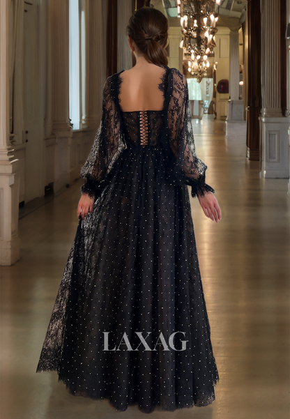 Polka Dot Black Lace Dress Sweetheart High Slit Long Sleeves A-Line Prom Dress