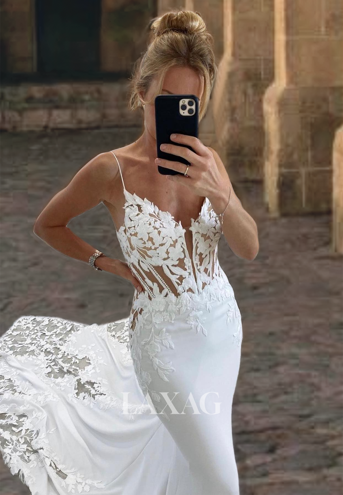 Trumpet&Mermaid Applique Top Satin Cathedral Train Sleeveless V-Neck  Wedding Dress