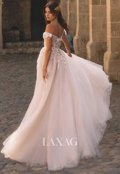 Off Shoulder Sweetheart Court Train A-Line Applique Tulle Beach Wedding Dress