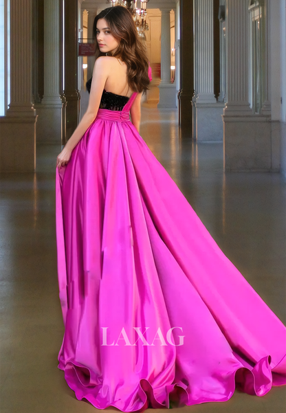 One Shoulder High Slit Hot Pink Party Dress A-LIine Sweetheart Strapless Prom Dress