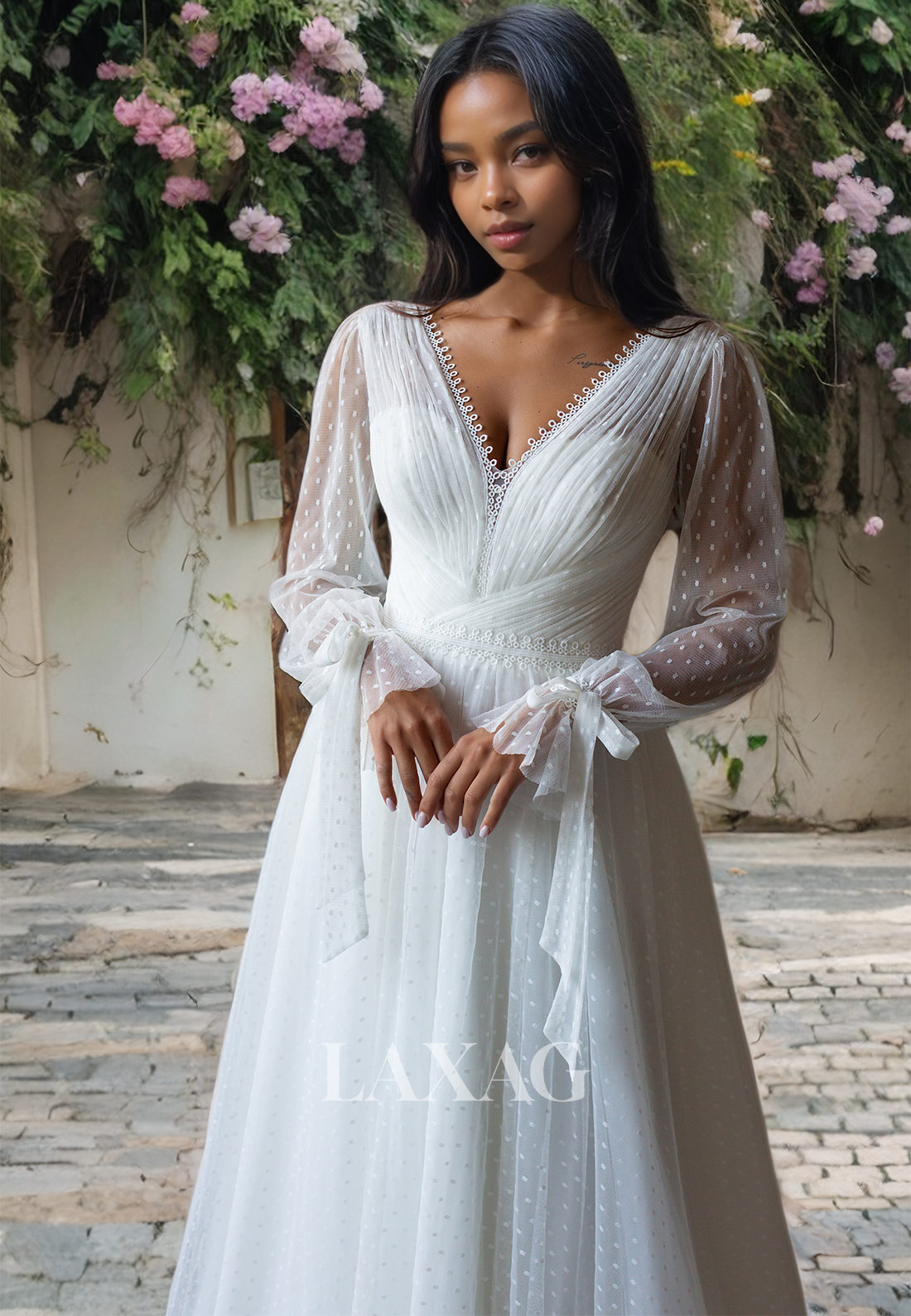 V-Neck A-Line Polka Dot Tulle Beach Long Sleeves Wedding Dress