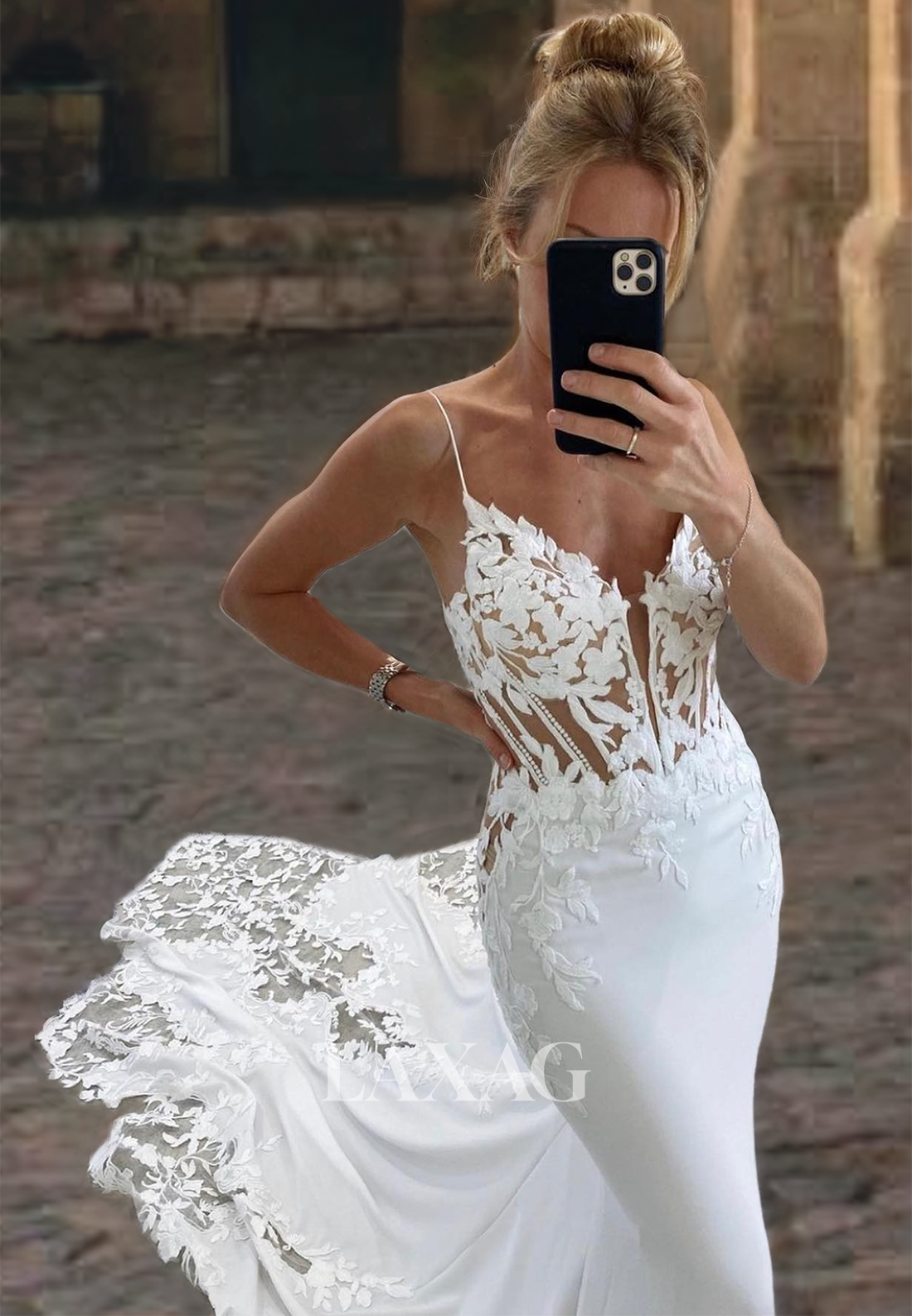 Trumpet&Mermaid Applique Top Satin Cathedral Train Sleeveless V-Neck  Wedding Dress