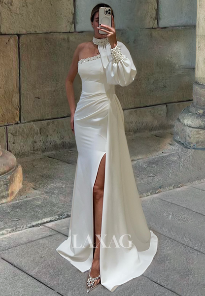 Designed One Shoulder Pearl Long Sleeve Party Dress Sheath&Column High Slit Satin Prom Gown