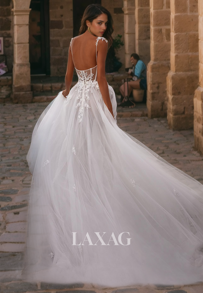 Sweetheart Sleeveless Applique Tulle  Sheer A-Line Beach Wedding Dress