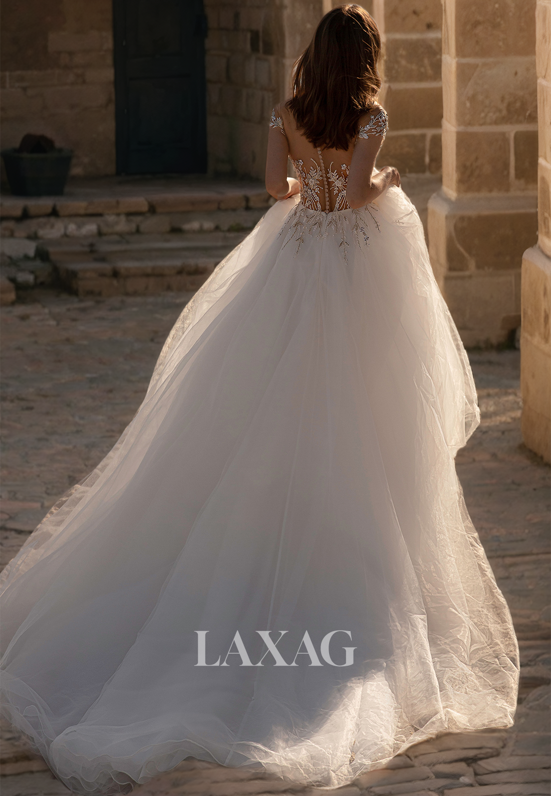 A-Line V-Neck Sleeveless Beaded and Appliques Lace Wedding Dress with Sweep Train Bridal Dress