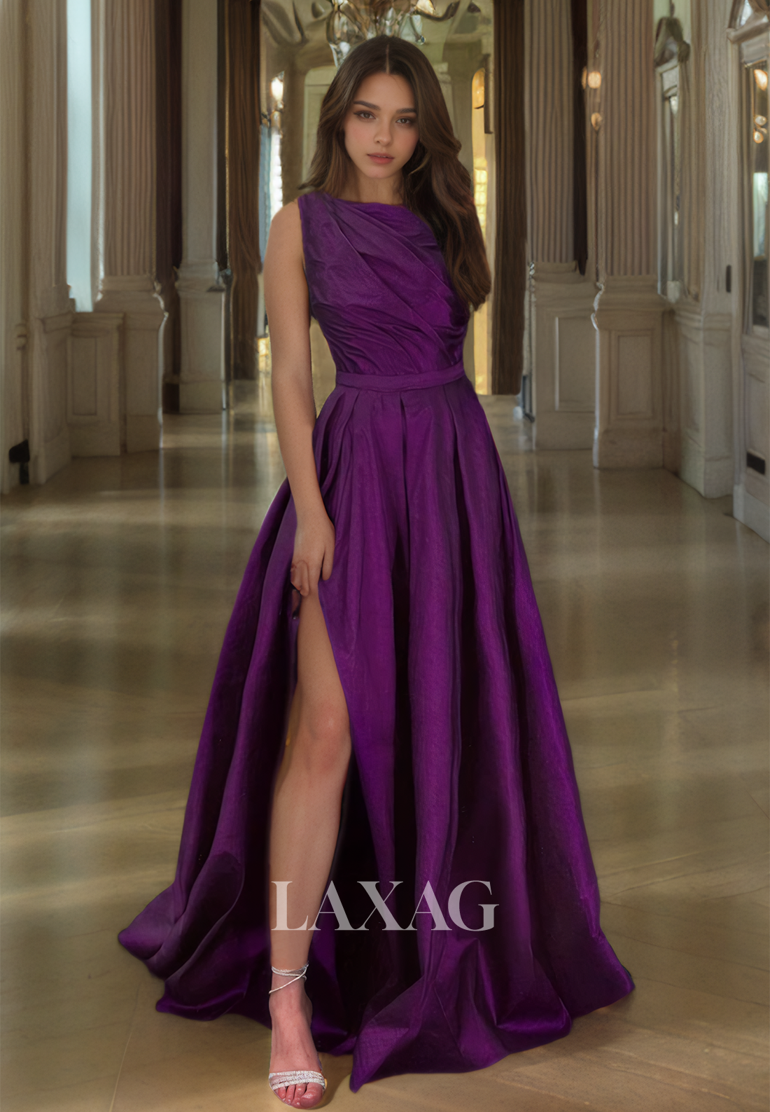 Asymmetrical-Neck Sleeveless Pleated A-Line Prom Dress Floor-Length Slit Chiffon Formal Party Dress