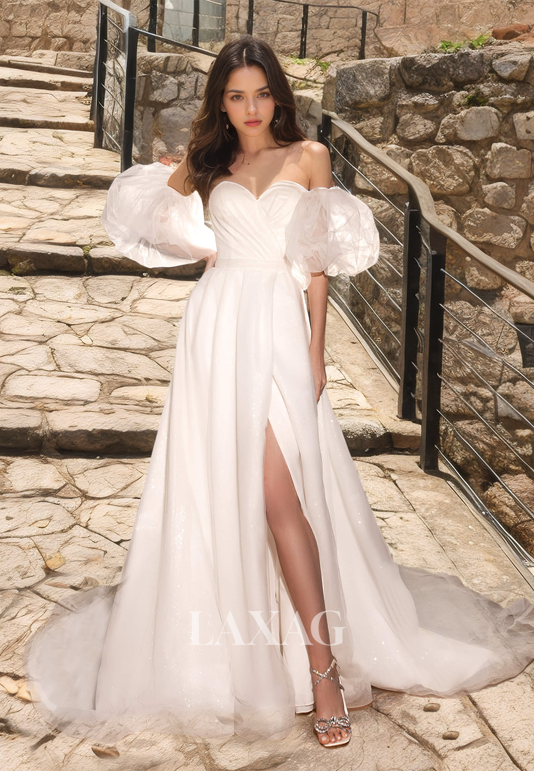 Sweetheart Puff-Sleeves Pleated Tulle Bride Gowns High Slit Sweep Train A-Line Wedding Dress