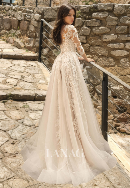 Scoop-Neck Half-Sleeves Tulle A-Line Wedding Dress with Lace Applique Floor-Length Beach Bride Gowns