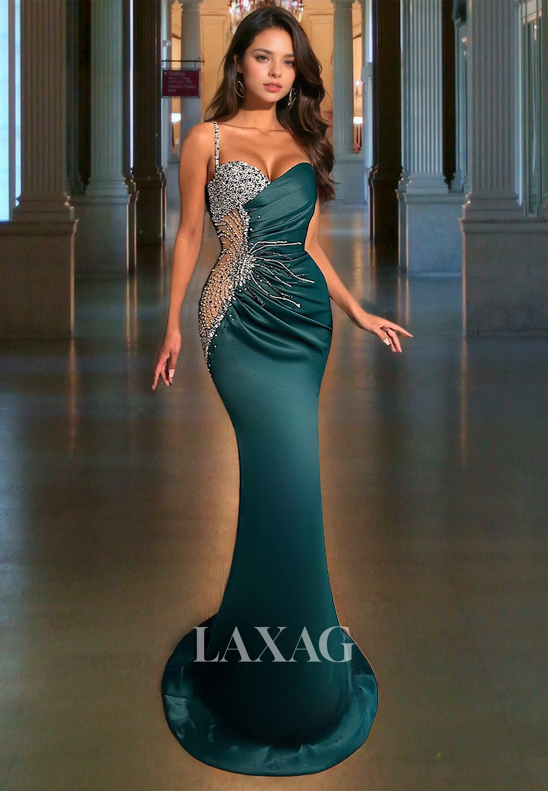 Spaghetti Straps Sweetheart Sleeveless Party Gowns Off-Shoulder Beaded Pleated Mermaid Prom Dress