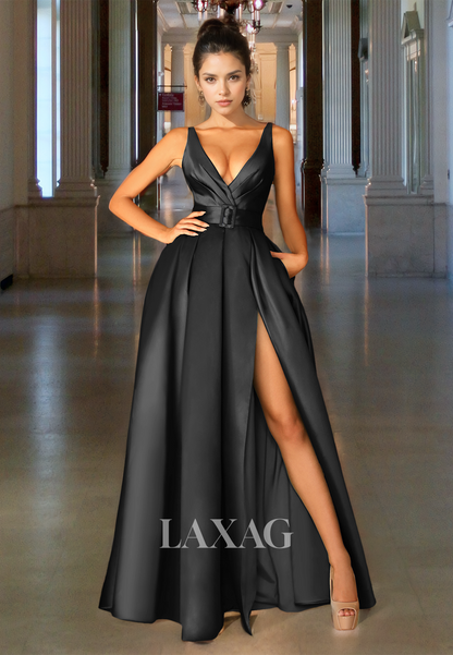 Simple V-Neck Straps Off-Shoulder Party Dress Pleated High Slit Satin A-Line Formal Prom Dress