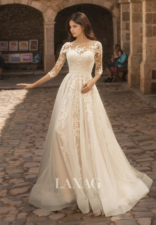 Scoop-Neck Half-Sleeves Tulle A-Line Wedding Dress with Lace Applique Floor-Length Beach Bride Gowns