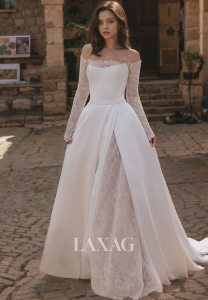 Off-Shoulder Lace Long Sleeves Formal Bridal Dress with Sweep Train A-Line Wedding Dress