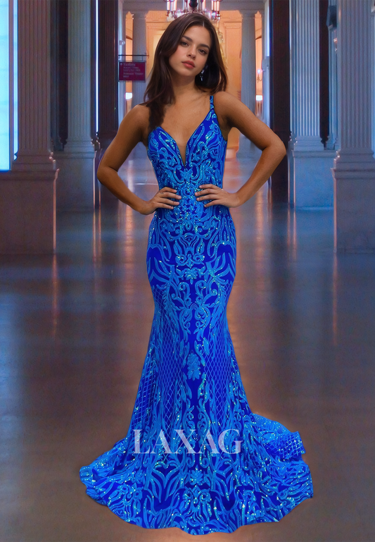 Trumpet&Mermaid Prom Dress V-Neck Spaghetti Straps Open Back Blue Party Dress