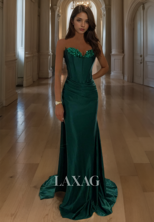 Off-Shoulder Sweetheart Evening Gowns Sleeveless Beaded Train Fitted Prom Dress with Slit