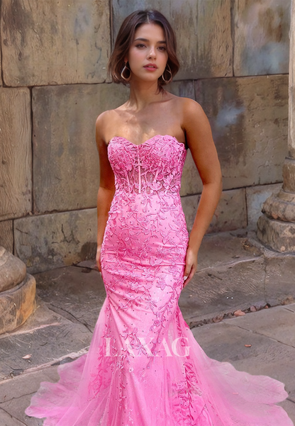 Sweetheart Trumpet&Mermaid Applique Lace Strapless Prom Formal Party Dress