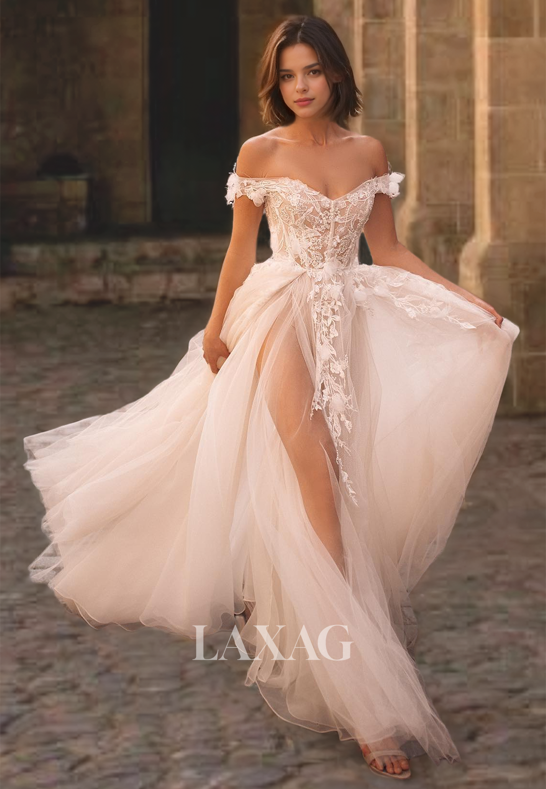 Off Shoulder Sweetheart Court Train A-Line Applique Tulle Beach Wedding Dress