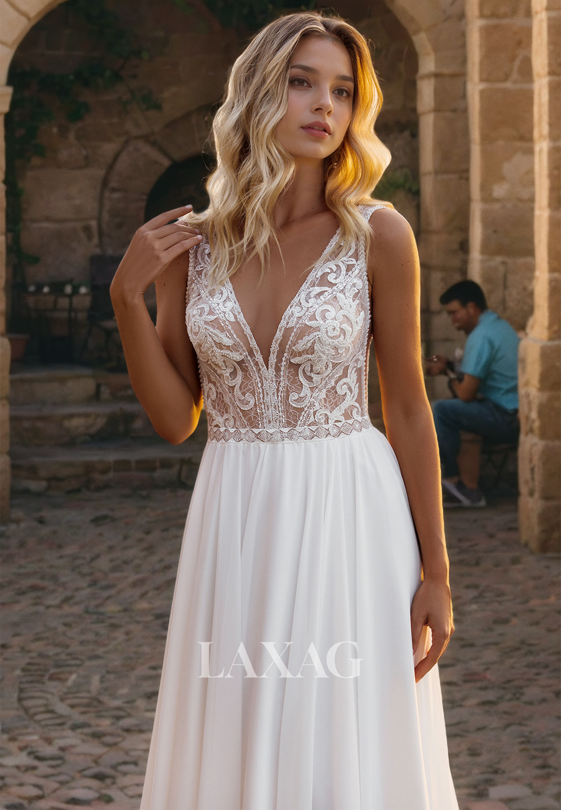 Boho V-Neck  Sleeveless A-Line Applique Satin Beach Wedding Dress Sweep Train