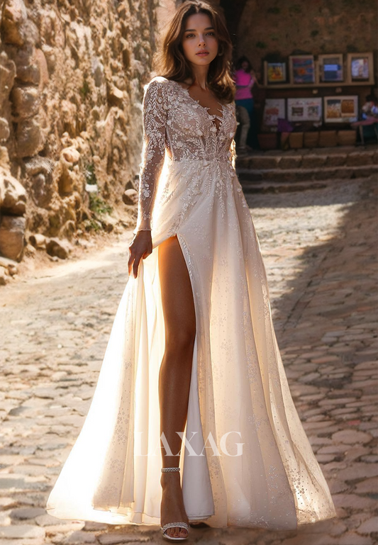 Boho Long Sleeves V-Neck Lace Organza A-Line Beach Wedding Dress