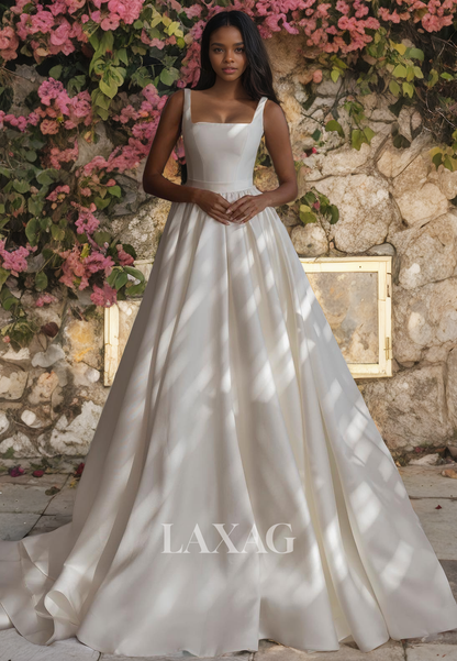 A-Line Square-Neck Traps Sleeveless Sleek Satin Eleagnt Wedding Dress with Train