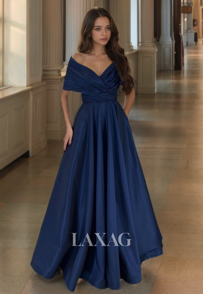 Simple V-Neck Sleeveless Off-Shoulder A-Line Prom Dress Pleated Floor-Length Satin Formal Gowns