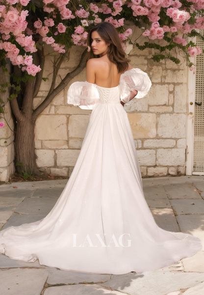 Sweetheart Puff-Sleeves Pleated Tulle Bride Gowns High Slit Sweep Train A-Line Wedding Dress