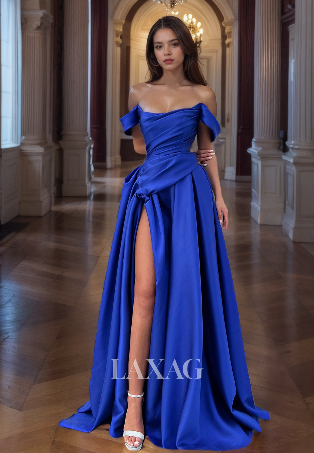 Tube Top Sleeveless Pleated A-Line Prom Dress Off-Shoulder Pleated High Slit Satin Evening Gowns