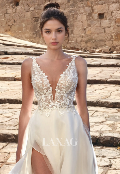 A-Line Deep V-Neck Beach Wedding Dress Spaghetti Straps Floor-Length Boho Dress with Lace Appiques