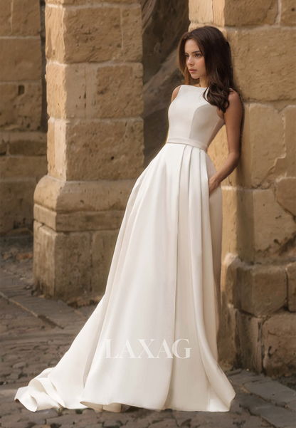 Sleeveless Scoop-Neck Off-Shoulder Bride Gowns Pleated Satin A-Line with Train Wedding Dress