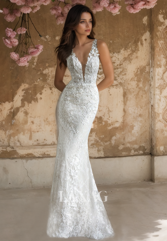 Deep V-Neck Spaghetti Straps Mermaid Boho Wedding Dress Floor-Length Lace Beach Dress with Appliques